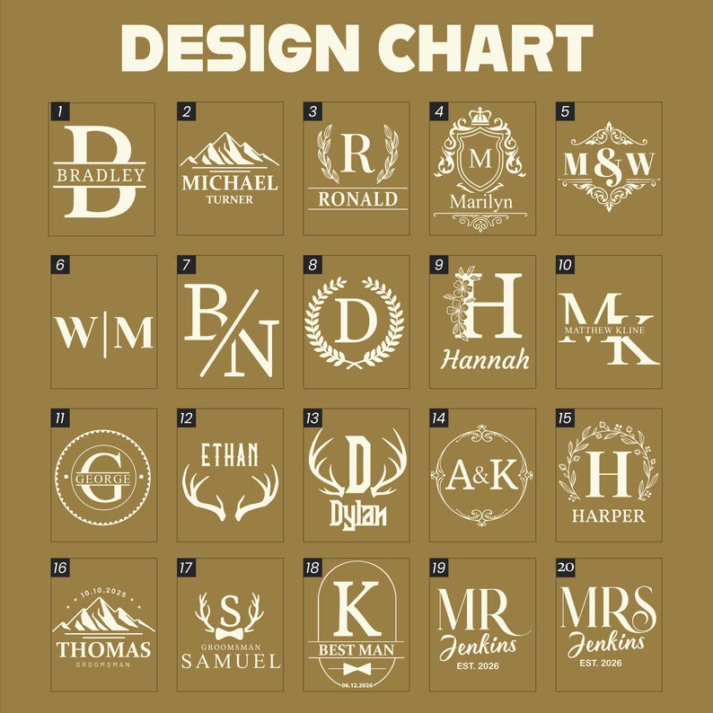 Op de afbeelding: Een goudkleurige ontwerpkaart met twintig verschillende witte grafische sjablonen voor personalisatie. Elk genummerd vierkant toont unieke typografie, monogrammen, bloemenkransen, geweien, bergsilhouetten en wapenschilden voor aangepaste gravures.