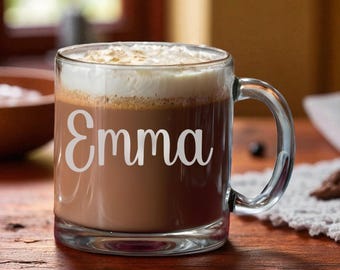 Personalized Glass Coffee Mug – Custom Laser Engraved Name Cup, Clear Mug for Hot Drinks