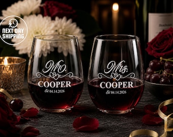 Mr and Mrs Stemless Wine Glass Set, Matching Couple Glasses, Personalized Custom Engraved Wine Glass, Wedding and Bridesmaid Gift