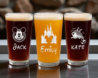 Personalized Disney Pint Glass, Custom Mickey Minnie Mouse Glass, Laser Engraved Drinkware, gift for kids