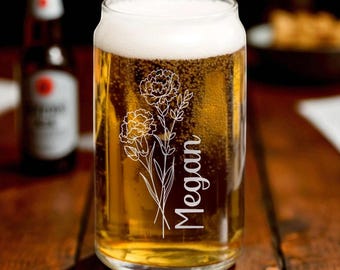 Engraved Birth Flower Can Glass – Custom Floral Beer Can Tumbler