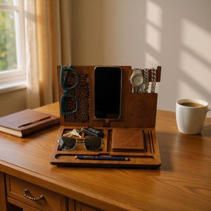 May include: A wooden desk organiser with compartments for a phone, wallet, keys, sunglasses, and a pen. The organiser also has a slot for eyeglasses and a watch. A cup of coffee sits nearby.
