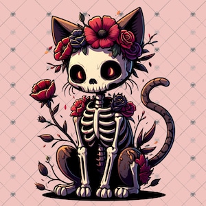 Skeleton Cat PNG: Halloween Graphic Art, Sublimation Clipart (Digital Download