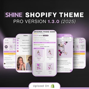 Puede incluir: Una pantalla digital del tema Shine Shopify Pro Versión 1.3.0 (2025) que presenta múltiples maquetas de interfaz móvil para una tienda de fragancias. Las pantallas muestran listados de productos para Original Phero Scent, incluyendo opciones como Opium Black, Love in Paris y Extoic, con esquemas de color morado y blanco.