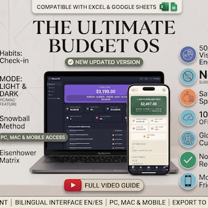 Puede incluir: Un sistema de hoja de cálculo presupuestaria digital titulado The Ultimate Budget OS mostrado en un portátil y un smartphone. Incluye un motor visual 50/30/20, modos claro y oscuro, el método de bola de nieve y la matriz de Eisenhower.