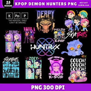 Peut inclure: Un graphique noir présentant 25 motifs PNG KPOP Demon Hunters. Les motifs comprennent des personnages de dessins animés, du texte et des illustrations. Le texte comprend "DERPY", "SAJA BOYS", "HUNTRAX" et "K-POP". L'image comprend également le texte "PNG 300 DPI".