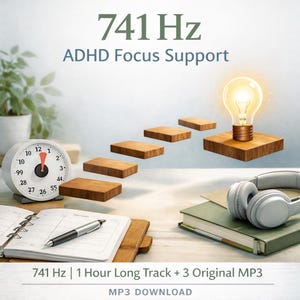 Puede incluir: Un producto de audio digital con el texto 741 Hz ADHD Focus Support. La imagen muestra un temporizador analógico blanco, un cuaderno abierto con un bolígrafo, una escalera de madera que lleva a una bombilla encendida y auriculares blancos sobre un libro verde.