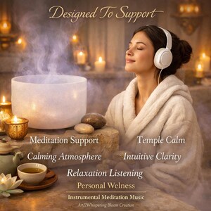 May include: A white singing bowl emitting smoke, accompanied by text reading Designed To Support, Meditation Support, Temple Calm, Calming Atmosphere, Intuitive Clarity, Relaxation Listening, Personal Wellness, Instrumental Meditation Music.