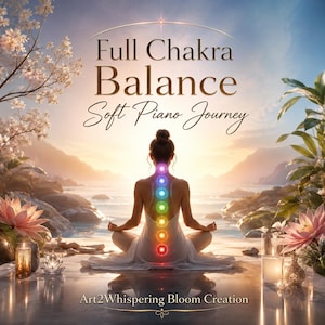 Könnte beinhalten: Eine Person in einem weißen Kleid sitzt in meditativer Haltung mit sieben leuchtenden, vertikal ausgerichteten Chakrapunkten entlang der Wirbelsäule. Der Text lautet Full Chakra Balance Soft Piano Journey und Art2Whispering Bloom Creation.