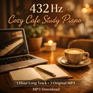 May include: A digital music download featuring the text 432 Hz Cozy Cafe Study Piano and 1 Hour Long Track + 3 Original MP3 MP3 Download. The image shows a laptop displaying piano keys, a notebook with a pen, and a cup of coffee on a wooden table.
