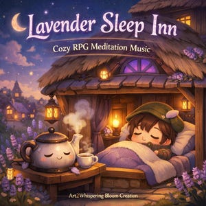 May include: A digital illustration titled Lavender Sleep Inn Cozy RPG Meditation Music featuring a sleeping character in a bed under a thatched roof, a steaming teapot with a face, and lavender flowers under a crescent moon and starry sky.