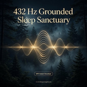 Pode incluir: Um gráfico digital com o texto 432 Hz Grounded Sleep Sanctuary sobre um padrão de onda sonora dourado brilhante centrado numa cena de floresta escura e enevoada com pinheiros e uma lua. A parte inferior inclui o texto MP3 Instant Download.