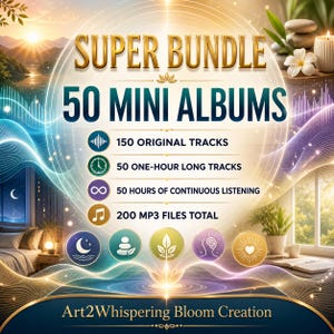 May include: A digital graphic titled SUPER BUNDLE 50 MINI ALBUMS featuring text listing 150 original tracks, 50 one-hour long tracks, 50 hours of continuous listening, and 200 MP3 files total, with Art2Whispering Bloom Creation at the bottom.