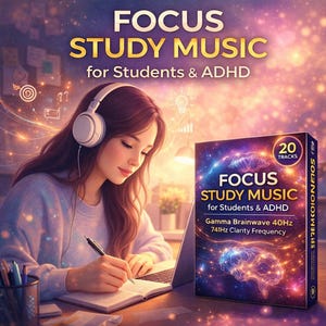 May include: An illustration of a woman wearing headphones, writing in a notebook while using a laptop. The image promotes "Focus Study Music" for students and ADHD, with a box set featuring 20 tracks and brainwave information.