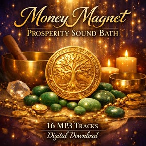 May include: A digital download graphic titled Money Magnet Prosperity Sound Bath with 16 MP3 Tracks. The image features a central gold coin with a tree design, surrounded by green stones, gold beads, two brass bowls, and two lit candles.
