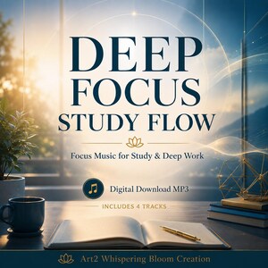 May include: A digital download MP3 titled DEEP FOCUS STUDY FLOW, Focus Music for Study & Deep Work, includes 4 tracks. The image features an open book, a pen, a blue mug, and a plant on a desk with text Art2 Whispering Bloom Creation.