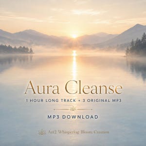 Könnte beinhalten: Eine digitale Audiodatei mit dem Titel Aura Cleanse, die einen Sonnenaufgang über einem nebligen See und Bergen zeigt. Der Text lautet: Aura Cleanse, 1 HOUR LONG TRACK + 3 ORIGINAL MP3, MP3 DOWNLOAD und Art2 Whispering Bloom Creation mit Lotus.