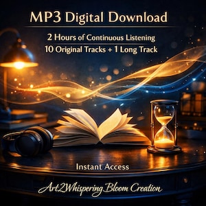 May include: An MP3 digital download featuring 2 hours of continuous listening, 10 original tracks, and 1 long track. The image displays an open book, black headphones, and an hourglass on a dark table with glowing golden light and text.