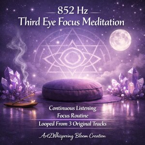 Op de afbeelding: Een paars meditatiekussen voor een gloeiende volle maan en een geometrisch oogsymbool. Clusters van paarse kristallen flankeren het kussen, met een wierookhouder die rook uitstoot. De tekst luidt 852 Hz Third Eye Focus Meditation.