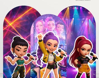May include: Three cartoon figures of female singers with microphones, set against a stage backdrop. The singers have different hairstyles and outfits, including a yellow jacket and a black top. The background features a concert stage with colorful lights.