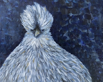 Hand-painted Silkie Chicken Oil Painting, Farmhouse Cottage Decor Art, 12x12 Canvas