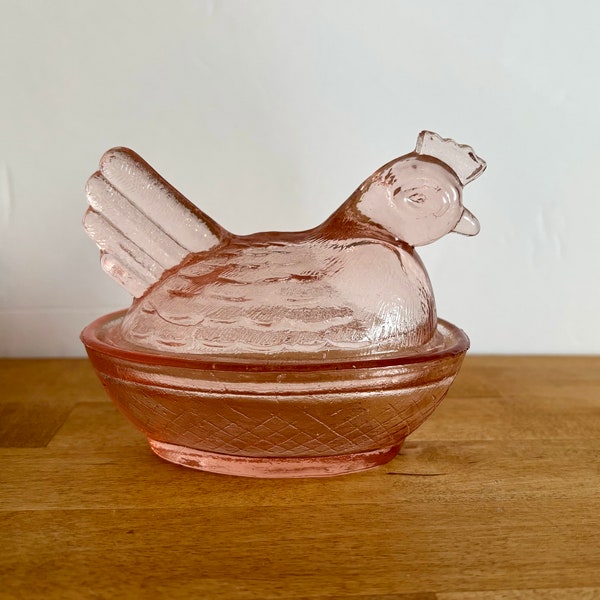 Vintage Light Pink Glass Nesting Hen, Covered Dish, Hen on a Nest