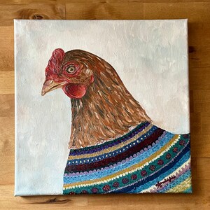 Freedom Ranger Hen Original Oil Painting, &quot;Cecilia in Stripes,” Chicken Wall Art