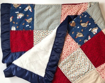 Handmade Chicken Quilt, Farmhouse Floral Lap Quilt, Farmhouse Decor (40x40)
