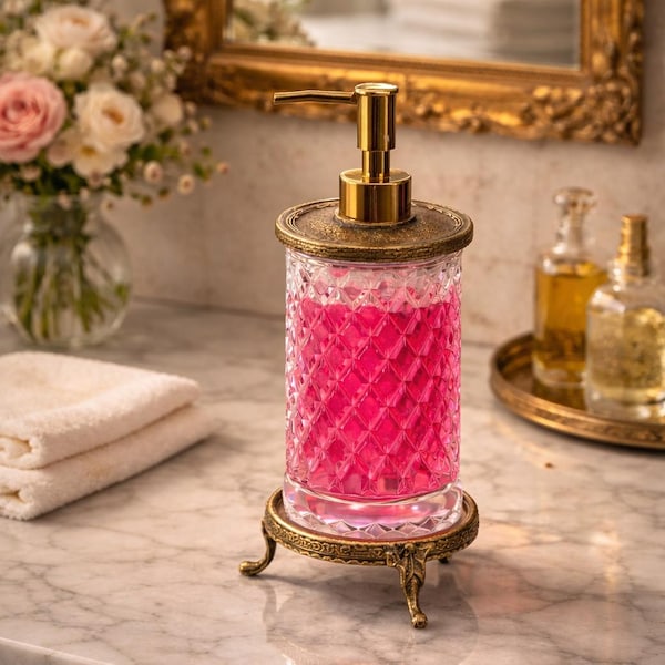 Luxury Crystal Soap Dispenser, Antique Finish Pump, Refillable Lotion Bottle