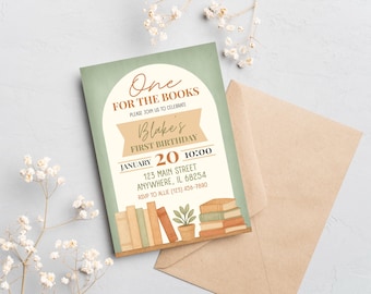 One For The Books eerste verjaardagsuitnodiging, bewerkbaar, digitale download, jongen meisje verjaardagsfeestje uitnodigen, eerste verjaardag uitnodigen, boeken, Canva