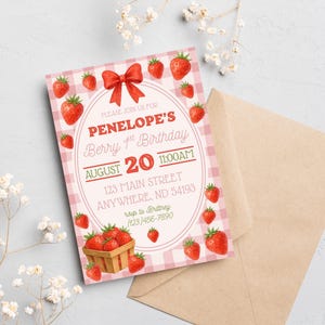 Berry First Birthday Invitation, Strawberry, Gingham, Editable, Digital Download, Girl Birthday, First Birthday Invite, Bows, Pink, Cute