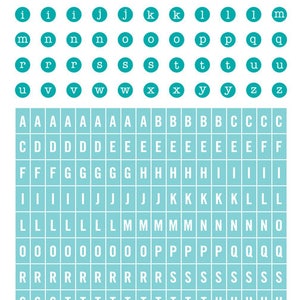 May include: A sheet of turquoise cardstock stickers featuring the alphabet in white letters. The stickers are arranged in rows and columns, with each letter repeated multiple times. The sheet is labelled "Mini Mint to Be" and "Cardstock Stickers".