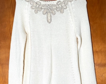 Angel of the North Anthropologie Sweater Womens Size M Ivory Wool Blend Pleated
