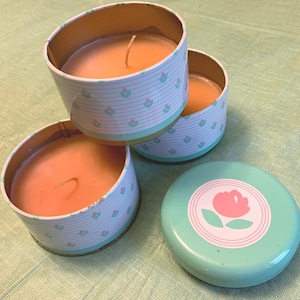 3 Tin Stackable Poured Candles w/Lid Pink and Green Floral Pattern 6x3.25"