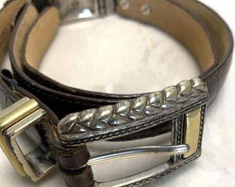 Vintage Brighton Leather Belt: Embossed Brass & Silver Tone, Size M