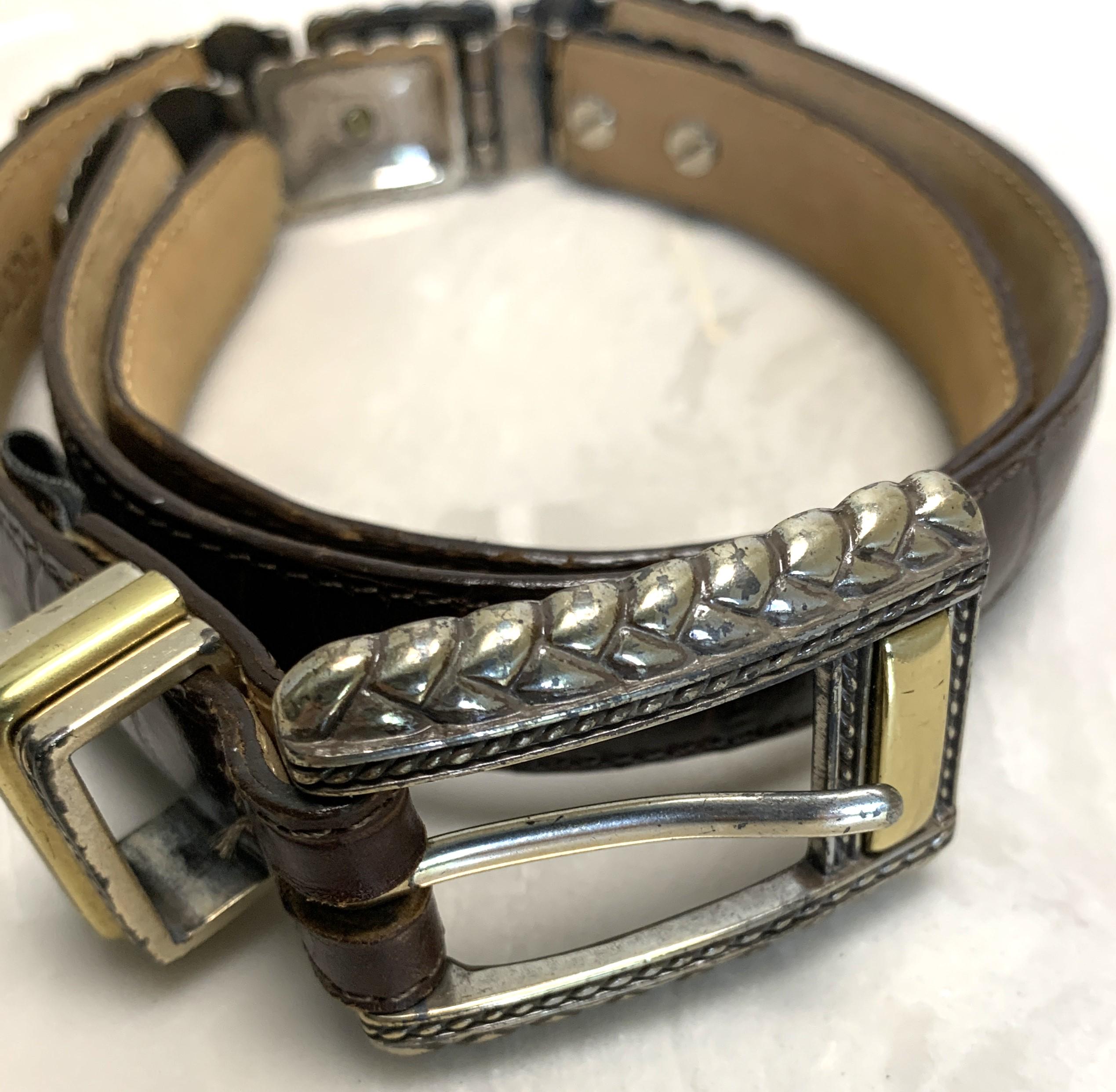 Vintage Brighton Brown Croc-Embossed Leather Belt with Silver Accents 1990s Brighton Western braided embossed Crocodile leather  main image 2