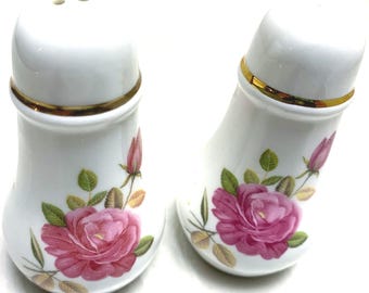 Vintage Rose Pattern Salt & Pepper Shakers No Brand - Rounded Top Gold Band EUC
