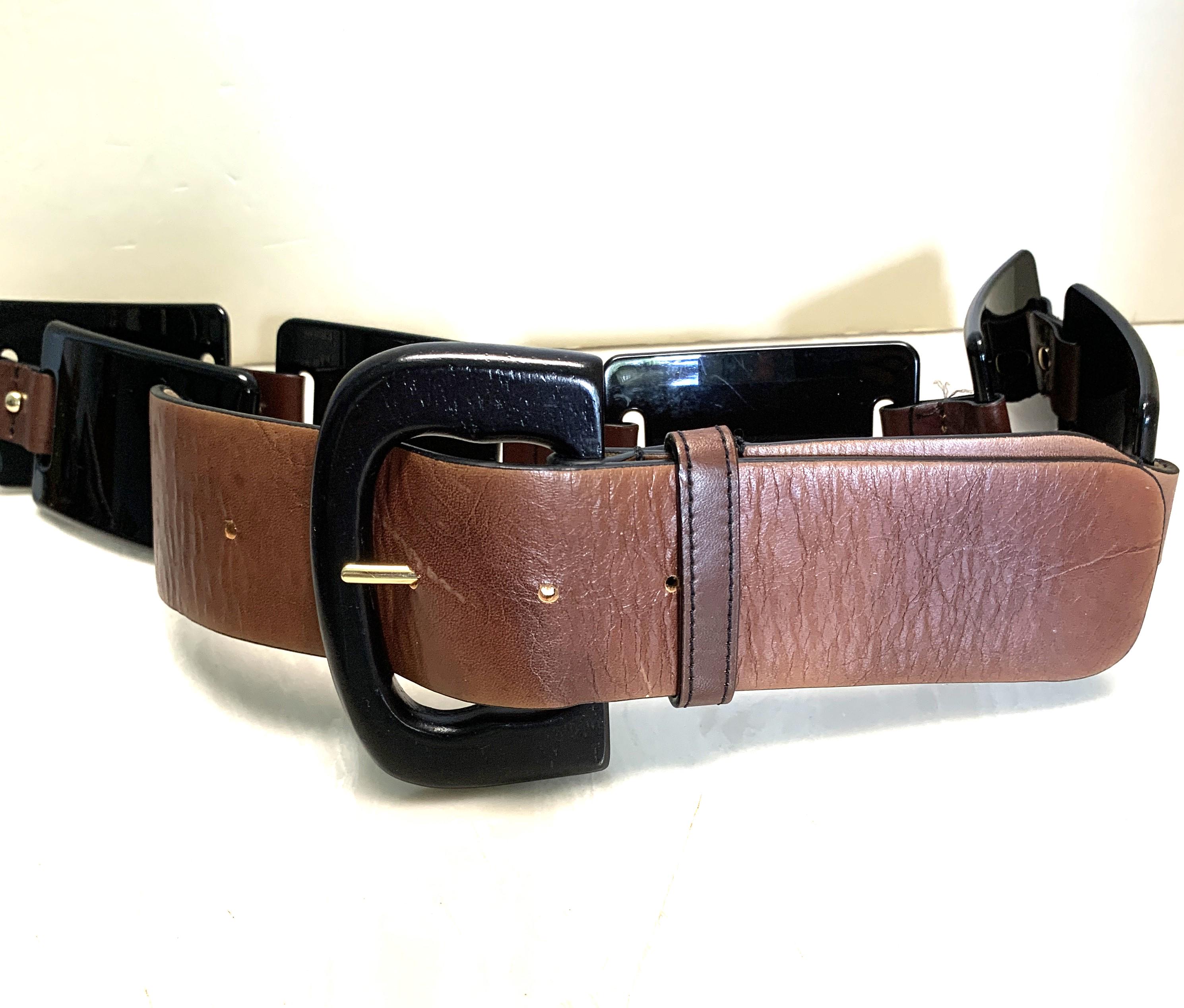 Vintage Ann Taylor Brown Leather Belt: Black Acrylic Links  display picture 3