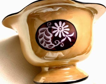 Antique Noritake Lusterware Bowl 5.5" Orange and Copper with Cream Florals Scalloped Rim EUC