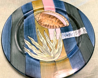 Vintage 90's Laurie Gates Platter Tropical Theme Seashell and Plant Blue/Green 13"