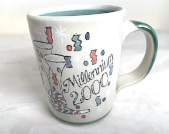 Louisville Stoneware 2000 Millennium Mug Collectible Graphic of Champagne Glasses EUC