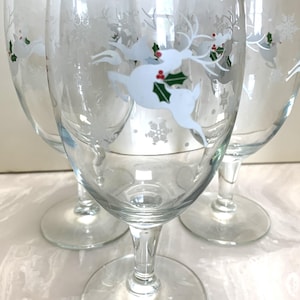 Vintage Christmas Reindeer Wine Glasses - Whimsical Painted Set of 3
