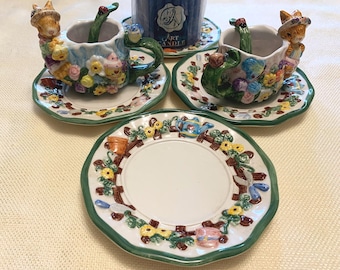 Vintage 1999 Mercuries Spring Garden Tea Set Bunnies, 4 Saucers, Ladybugs, Flowers, Candle EUC