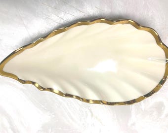 Vintage World Market Fluted Leaf Bowl - Porcelain, Heavy Gold Rim 9" x 5"