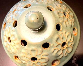 Vintage Pendant Electric Candle Wax Warmer Aqua/Blue ~ Lid and Melting Tray Sunflower Pattern EUC 7"