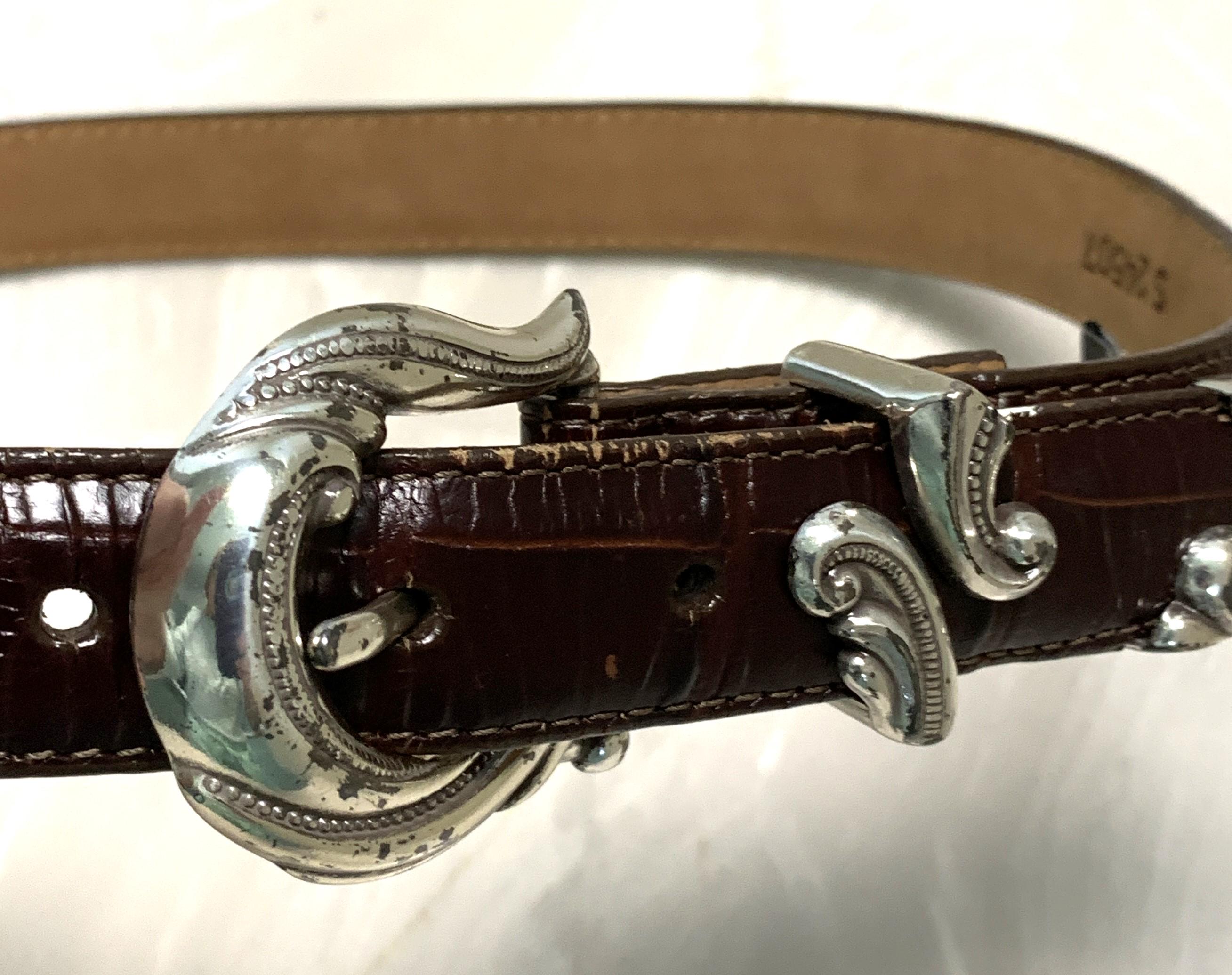 Brighton Baroque Croc Embossed Leather Belt: Ornate Silver 