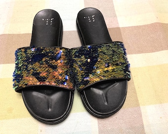 Vintage "A New Day" Slide On Women's Sandals Size 7.5 Mermaid Flip Sequins New