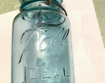 Ball Ideal Quart Mason Jar, PAT'D July 14 1908, Aqua Glass With