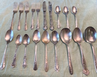 Vintage Mixed Flatware Sets of 19 Silver Plated, Stainless Steel Mismatched