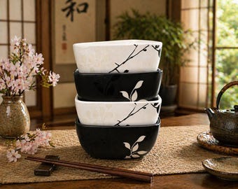 Vintage 222 Fifth Rice Bowls Set of 4 - Black and White "Climbing Vine" Square NOS